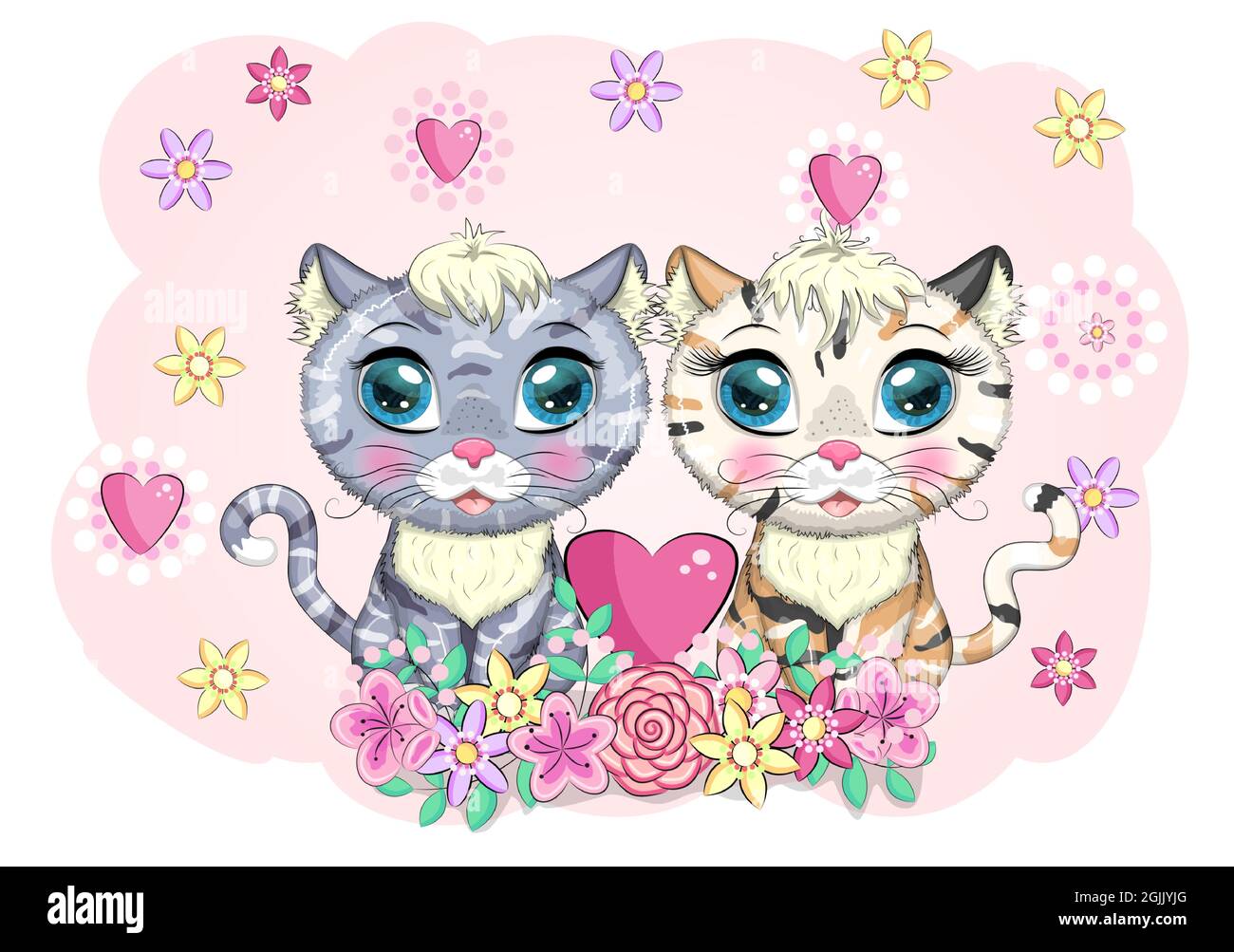 Cute cartoon cat, kitty couple in love, decorated with flowers, heart.  Valentine's day concept Stock Vector Image & Art - Alamy
