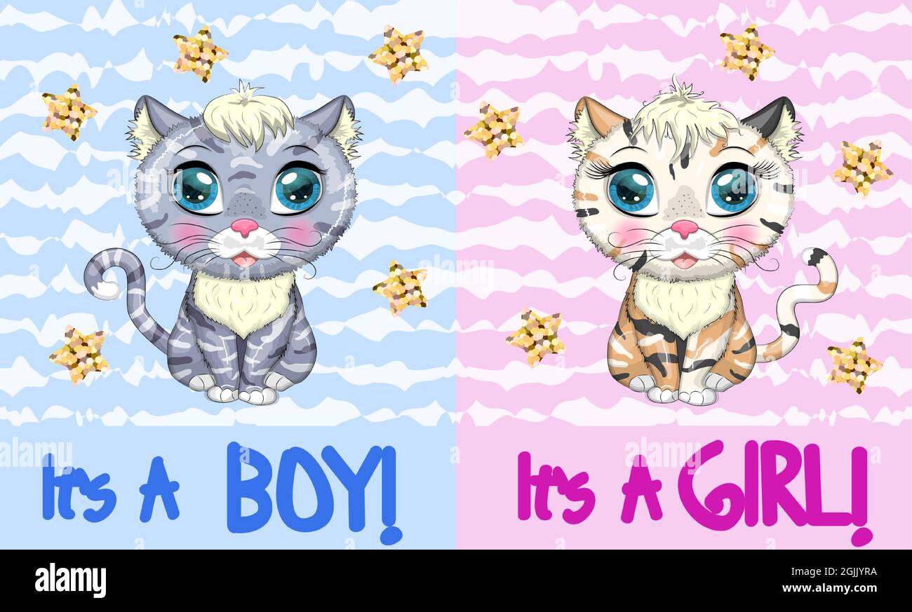 Baby Shower greeting card with Cute Kittens boy and girl Stock Vector