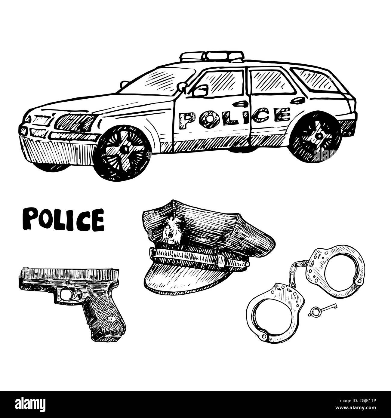 Police car, vintage US American police officer 8 point visor hat, Glock 22, Handcuffs and key,  gravure style ink drawing illustration isolated Stock Photo
