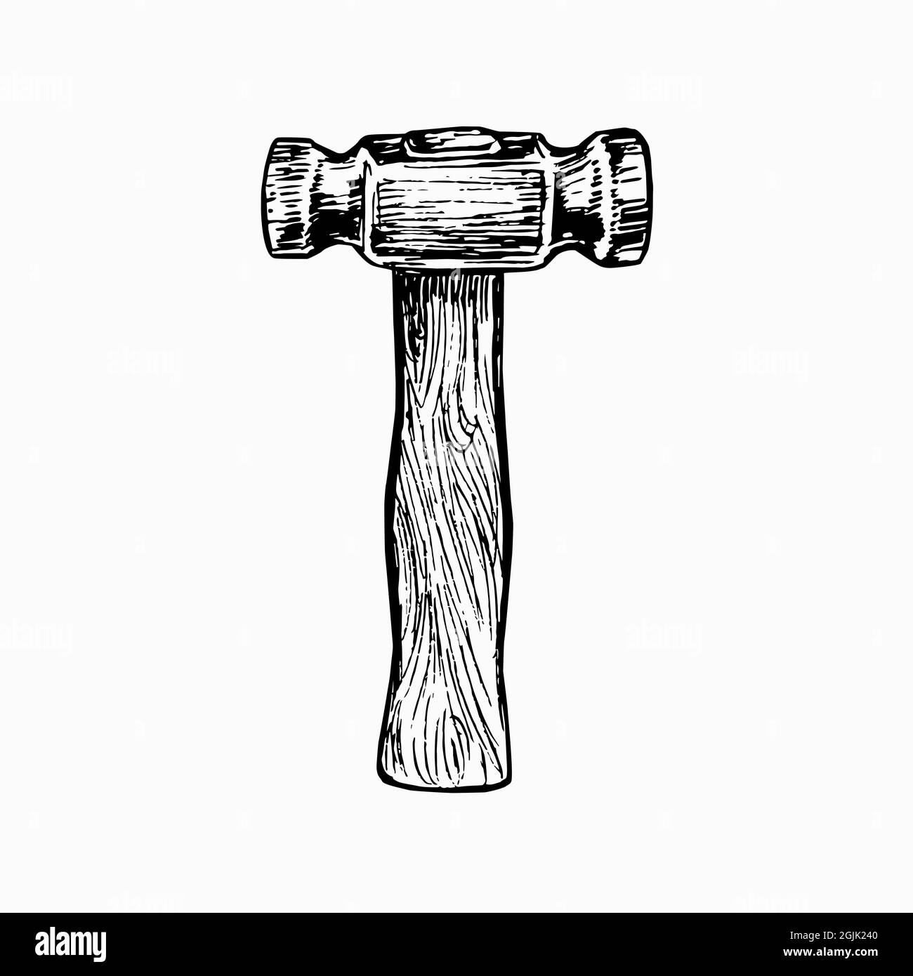 Hammer with wooden handle, gravure style hand drawn vector outline