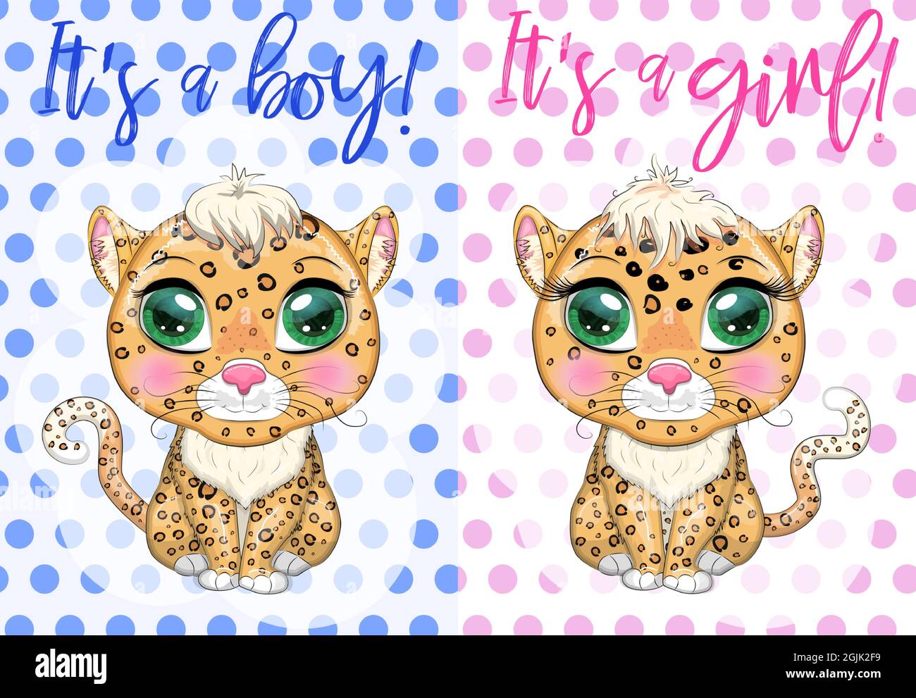 Baby Shower greeting card with Cute boy and girl. Leopard with