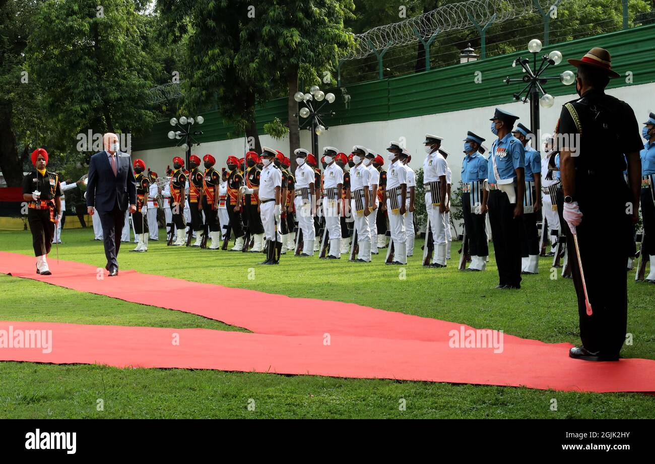 New Delhi, India. 10th Sep, 2021. Australia's Defense Minister Peter Dutton, (Centre) wearing a face mask inspects the guard of honor during a ceremonial reception prior to a meeting with Indian Defense Minister Rajnath Singh.Australian Defense Minister Peter Dutton, who came in India for two day official tour to take part in the inaugural two-plus-two ministerial dialogue between the two countries during the Covid-19 time. Credit: SOPA Images Limited/Alamy Live News Stock Photo