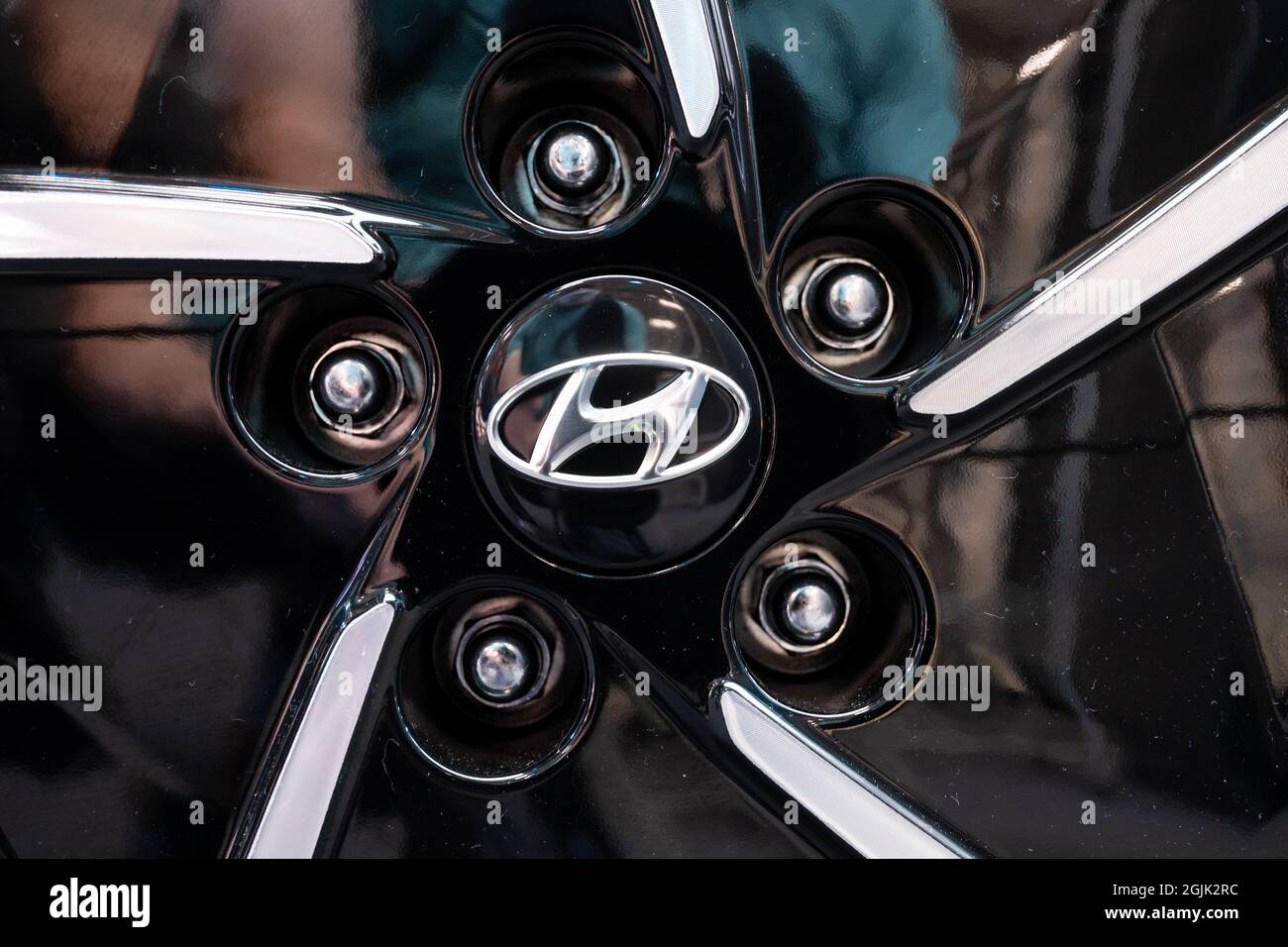 Munich, Germany. 10th Sep, 2021. Hyundai's logo can be seen on a rim ...