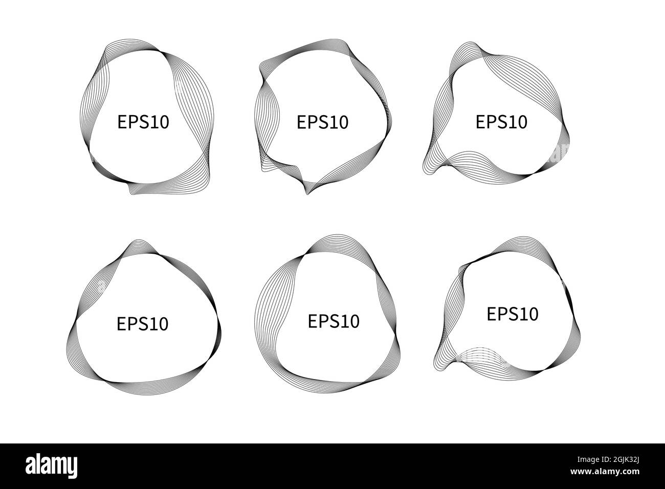 Set of digital frames created from thin lines. Round border. Abstract circle and wavy shape. Vector design element Stock Vector