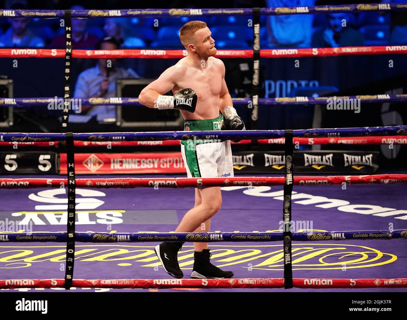 Brett McGinty celebrates victory after his bout during the boxing event at the Coventry Skydome Arena. Picture date: Friday September 10, 2021. Stock Photo