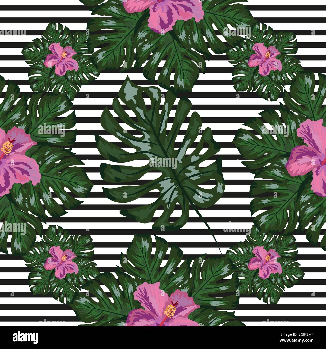 Tropical flowers and palm leaves on background. Seamless pattern Stock ...