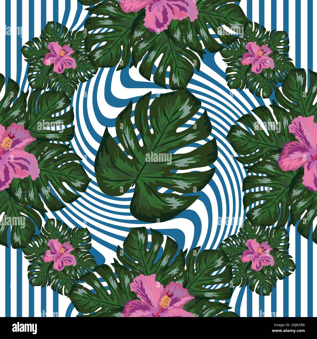 Tropical flowers and palm leaves on background. Seamless pattern Stock ...