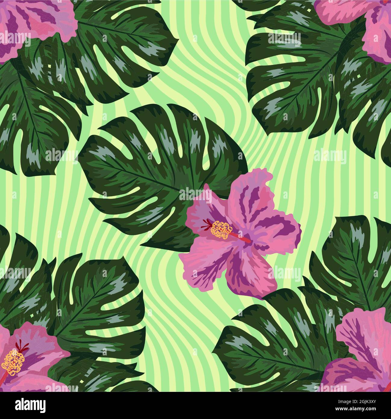 Tropical flowers and palm leaves on background. Seamless pattern Stock ...