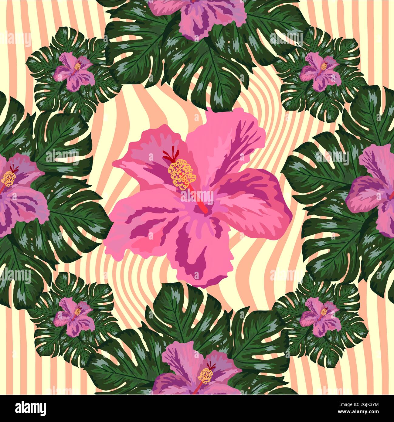 Tropical flowers and palm leaves on background. Seamless pattern Stock ...