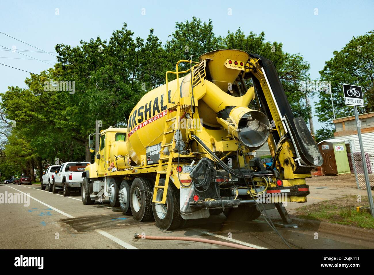Large yellow cement truck at a construction site. St Paul Minnesota MN