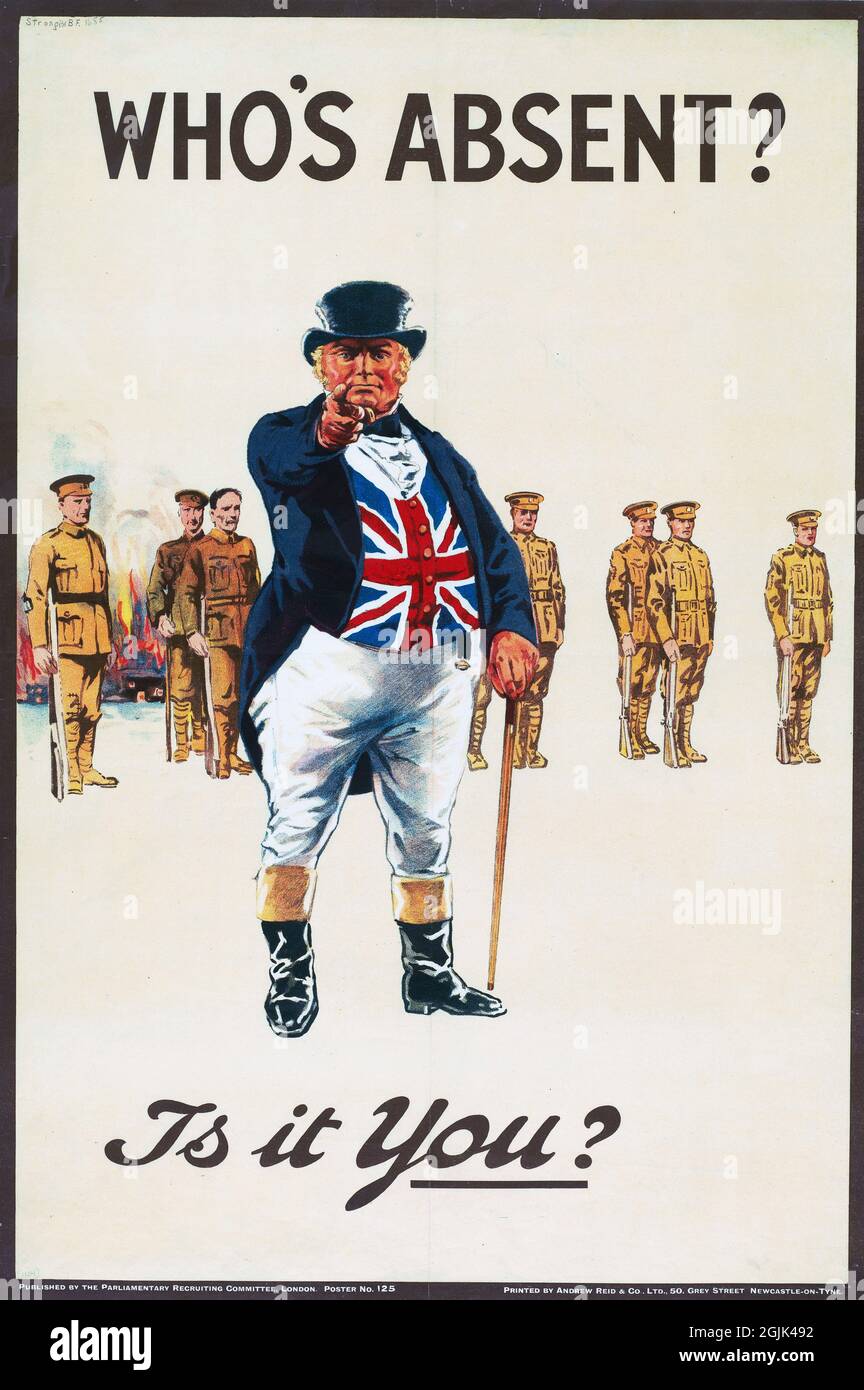 WWI John Bull Poster - 'Who's Absent? Is it You?' Stock Photo