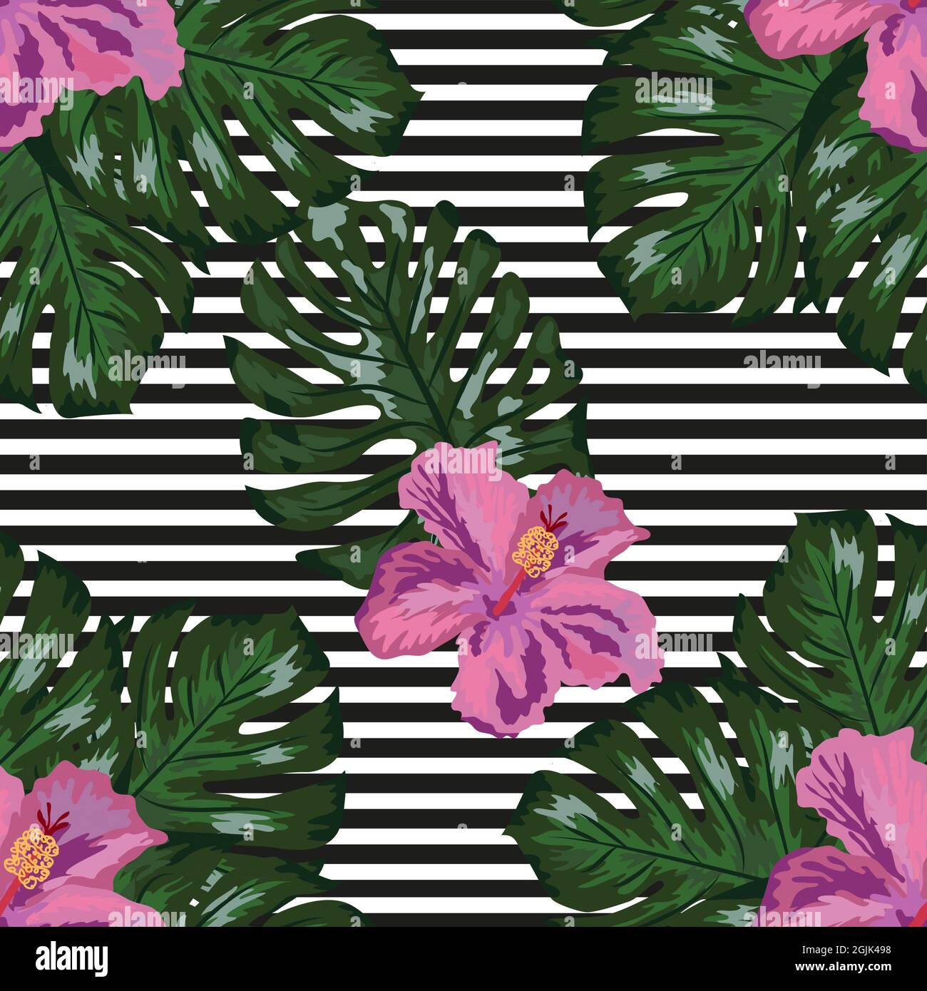 Tropical flowers and palm leaves on background. Seamless pattern Stock ...