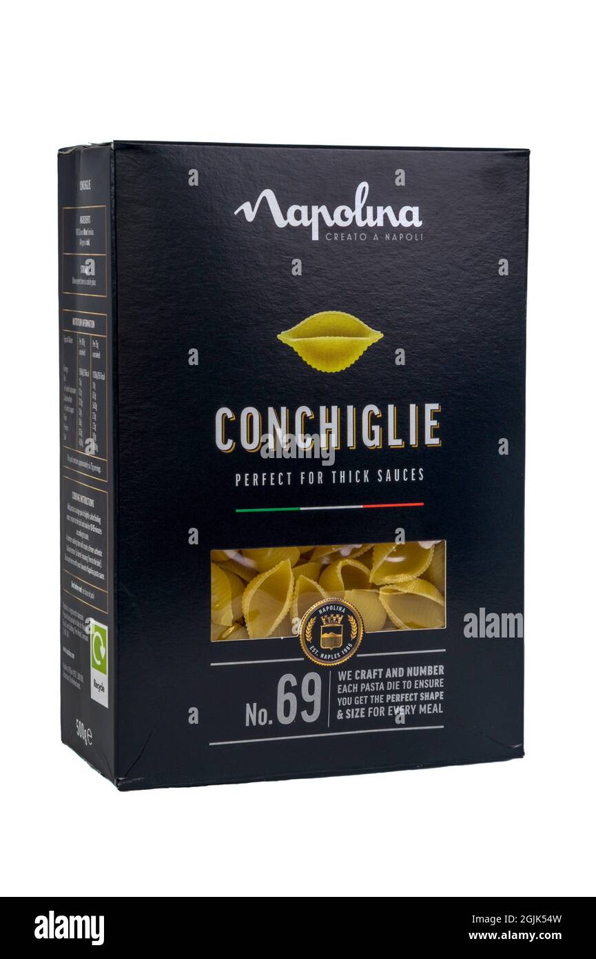 A box of Conchiglie dried pasta. Stock Photo