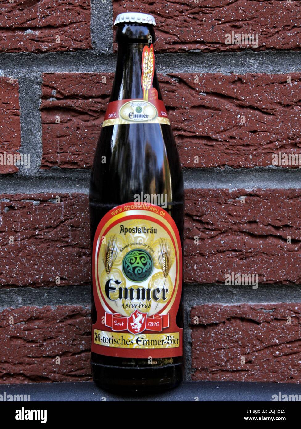 BAYERN, GERMANY - Sep 02, 2021: it's a special emmer beerthe bottle is in front of a wall emmer is a special type of cereal this is a historic beer Stock Photo