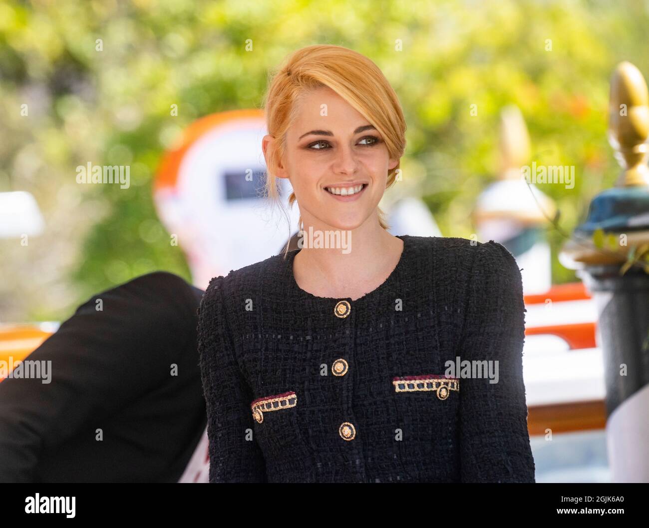 Kristen Stewart, American actress, arrives at The 78th Venice Film festival on the pontoon at The Excelsior Hotel. Stock Photo
