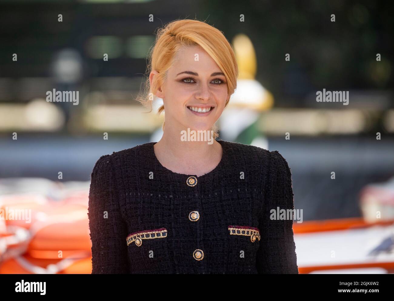Kristen Stewart, American actress, arrives at The 78th Venice Film festival on the pontoon at The Excelsior Hotel. Stock Photo