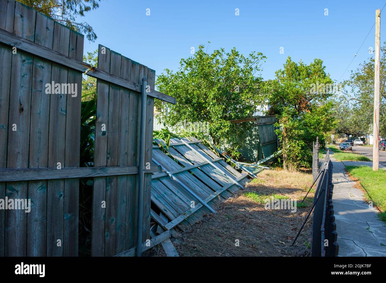 Hurricane Damaged Fence in New Orleans, Louisiana, USA Stock Photo