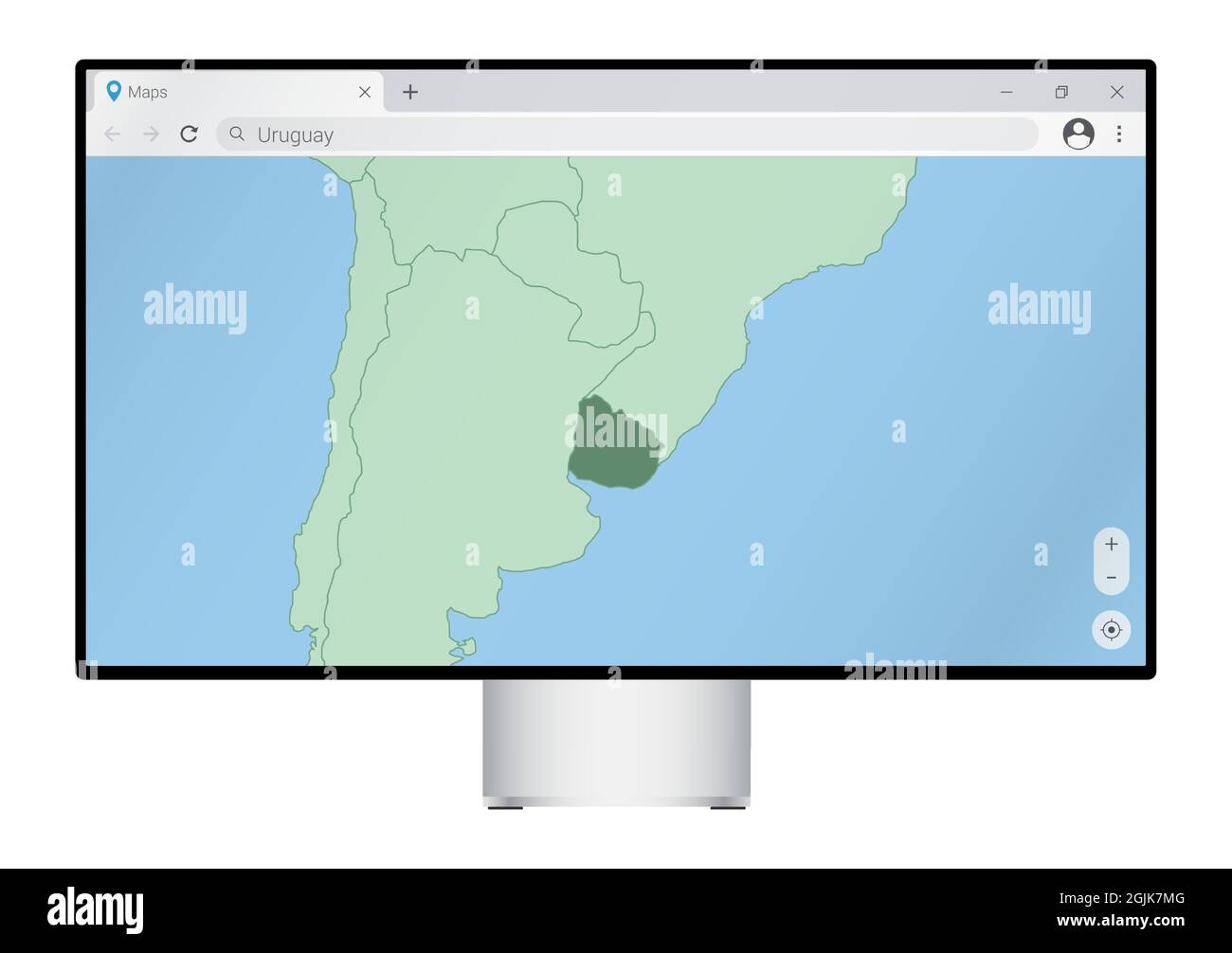 Computer monitor with map of Uruguay in browser, search for the country of Uruguay on the web mapping program. Vector template. Stock Vector