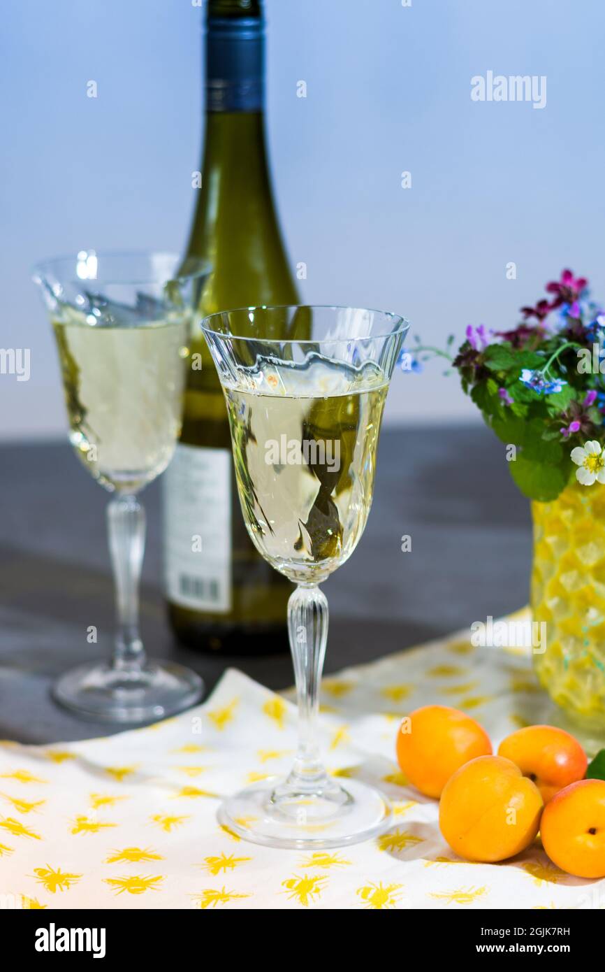 Tasting of white dry German riesling wine from Mosel river valley Stock