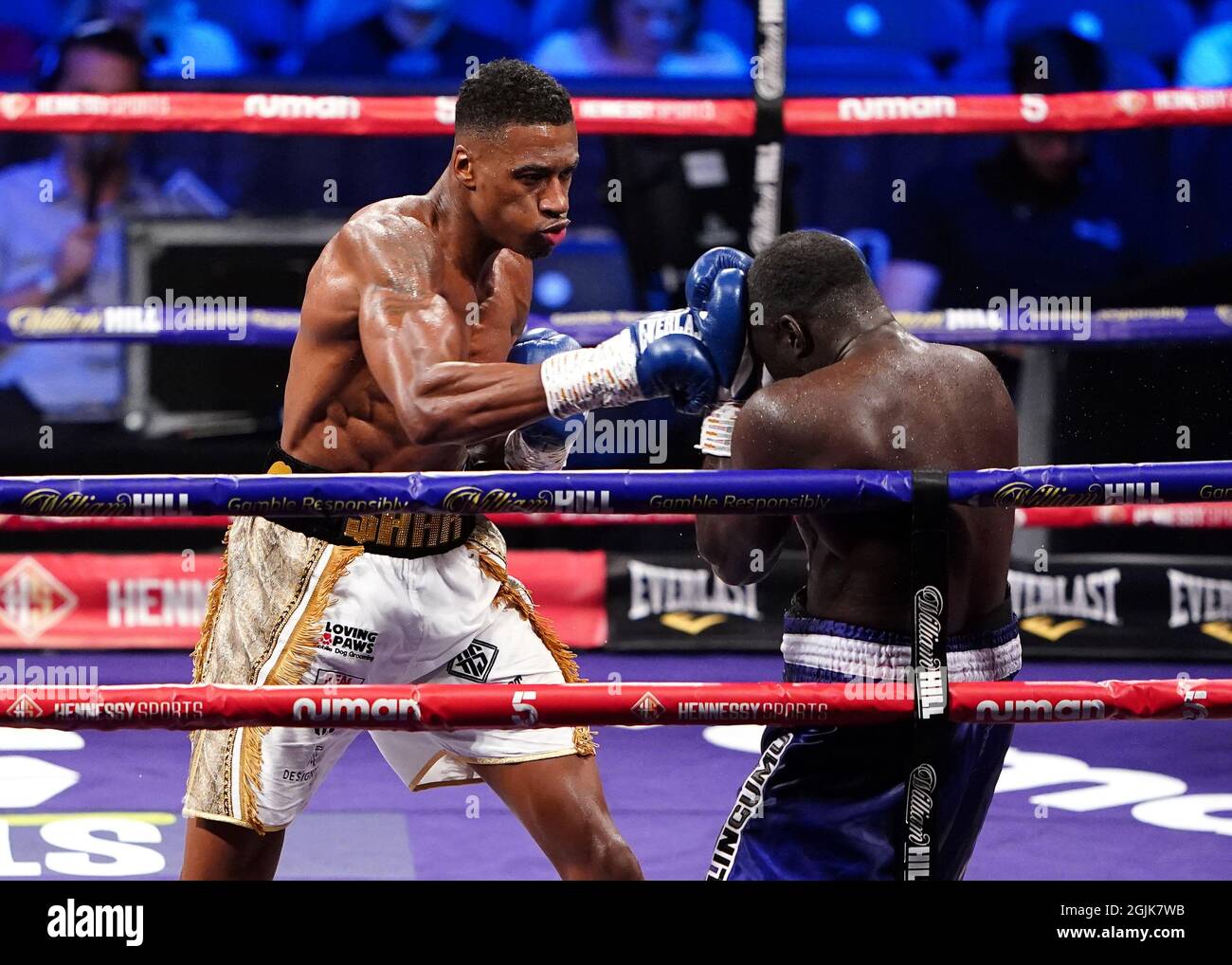 Shakan Pitters (left) in action against Farouk Daku during the boxing event at the Coventry Skydome Arena. Picture date: Friday September 10, 2021. Stock Photo