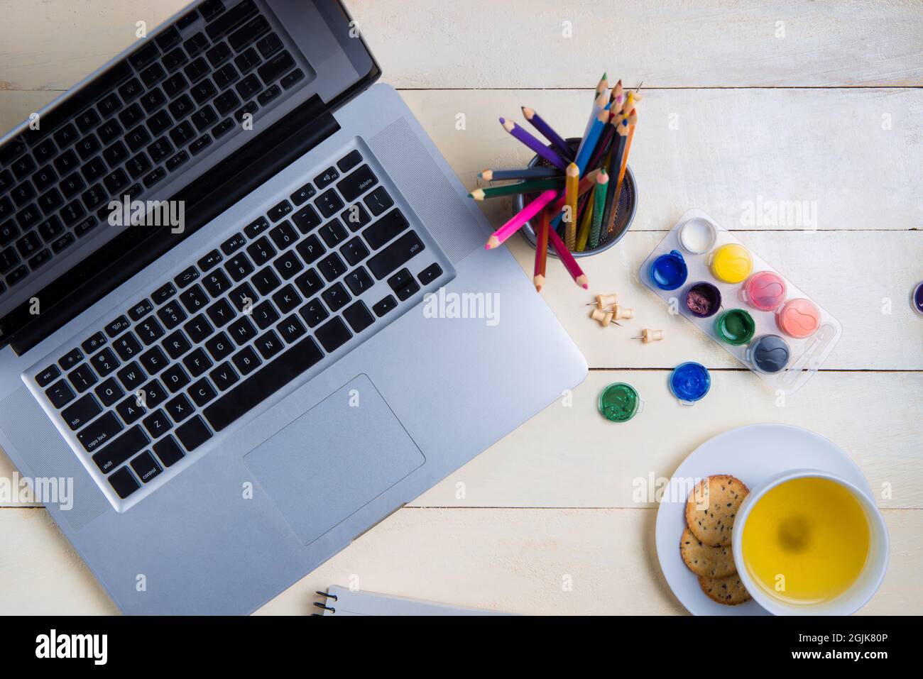 Flat lay mockup study table, computer keyboard and stationery. Stock Photo