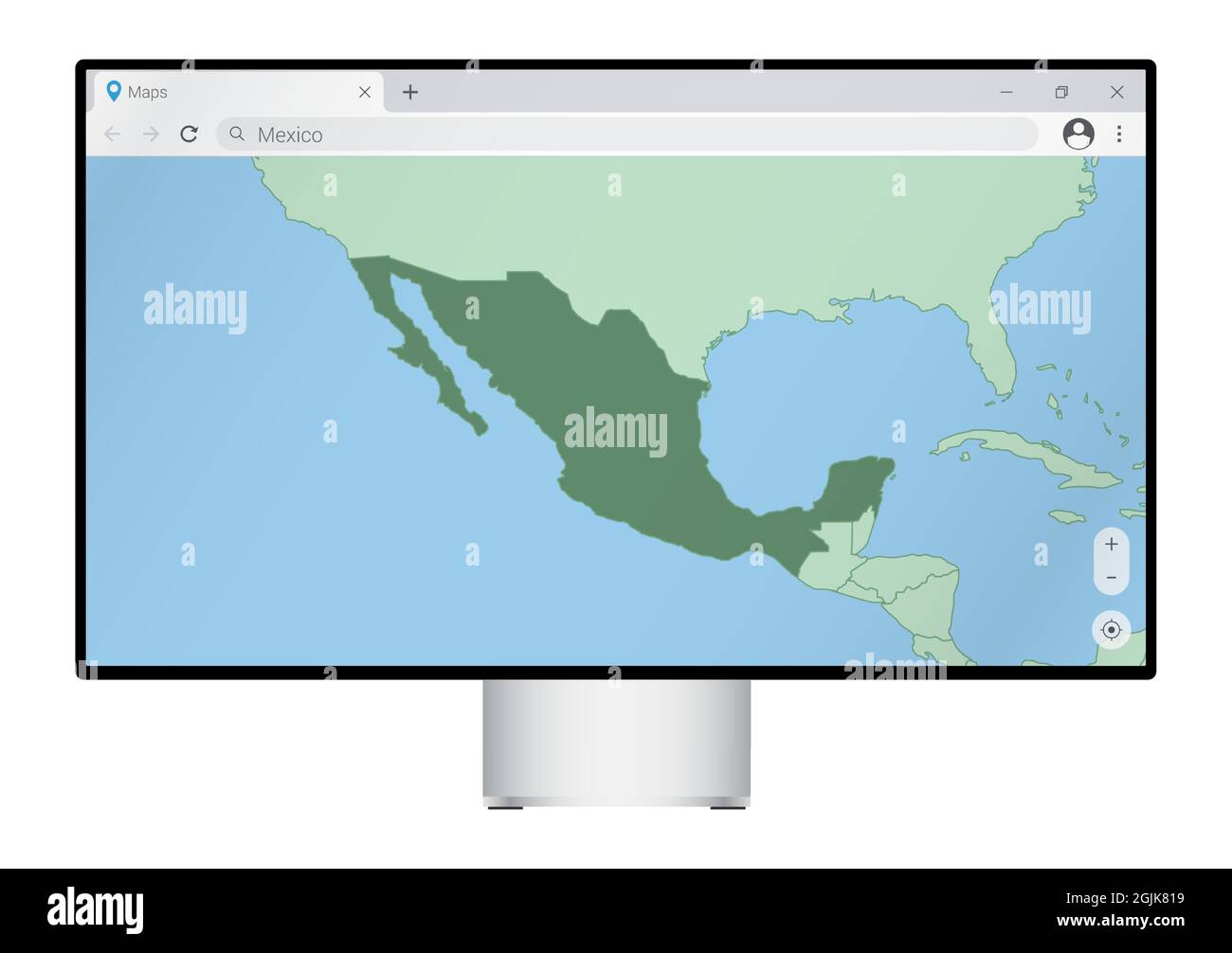 Computer monitor with map of Mexico in browser, search for the country of Mexico on the web mapping program. Vector template. Stock Vector