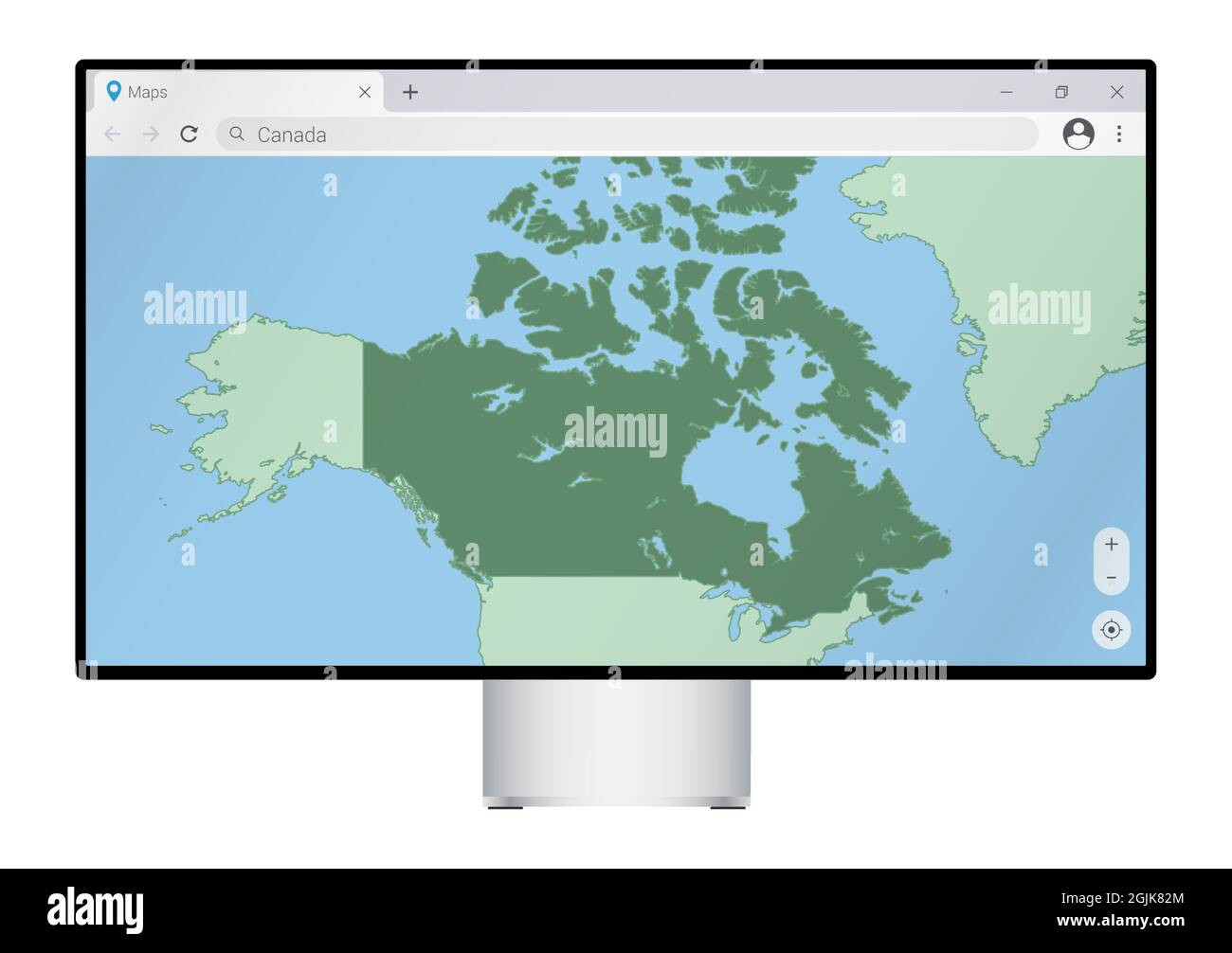 Computer monitor with map of Canada in browser, search for the country of Canada on the web