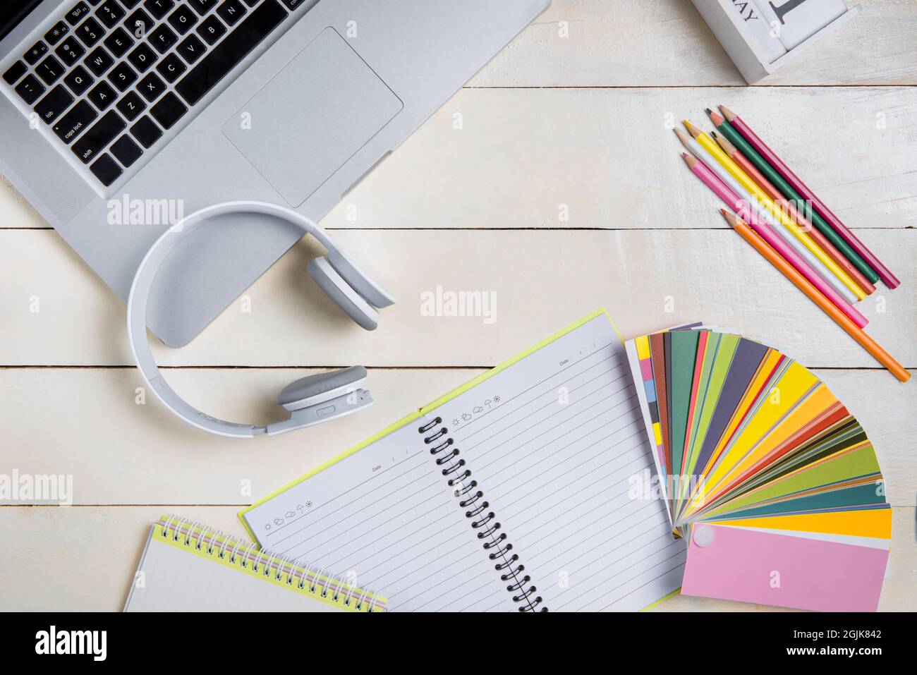 Flat lay mockup study table, computer keyboard and stationery. Stock Photo