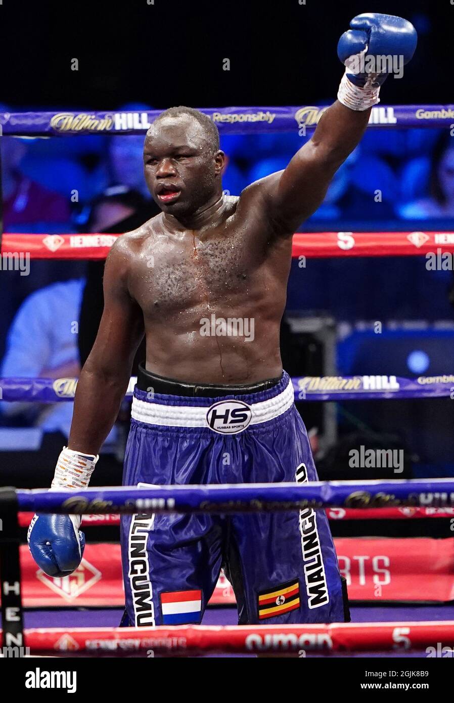 Farouk Daku celebrates victory against Shakan Pitters during the boxing event at the Coventry Skydome Arena. Picture date: Friday September 10, 2021. Stock Photo
