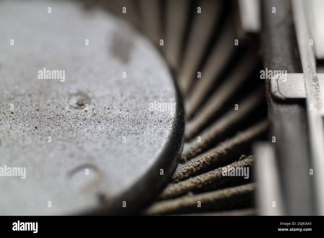 Dusty laptop fan dirty cluttered computer electronics internals Stock