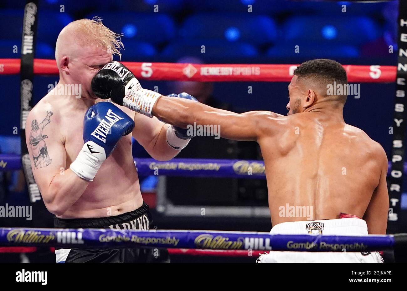 Kaisee Benjamin (right) in action against Jarkko Putkonen during the boxing event at the Coventry Skydome Arena. Picture date: Friday September 10, 2021. Stock Photo