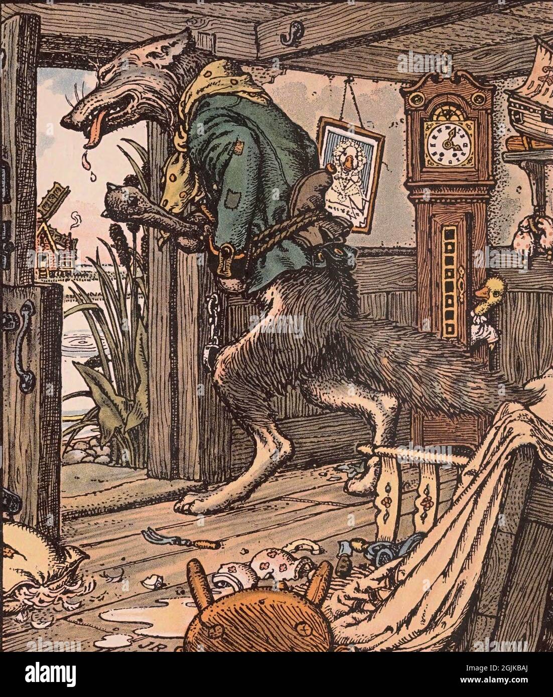 Illustration from the book Grimm's animal stories  The youghest gosling alone escapes Stock Photo