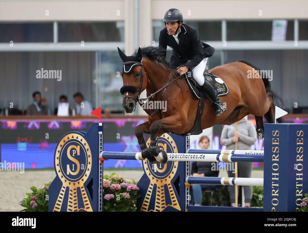 Hagen A.T.W., Germany. 10th Sep, 2021. Equestrian sport: Show jumping, CSI3*. The show jumper Francisco Jose Mesquita Musa (Brazil) rides on Jivaro Imperio Egipcio. Musa wins the competition. Credit: Friso Gentsch/dpa/Alamy Live News Stock Photo