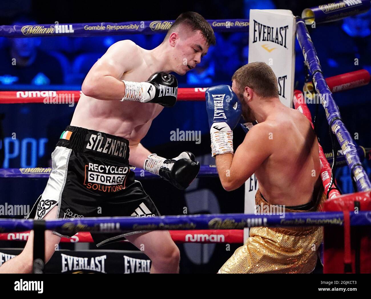 Aaron McKenna (left) in action against Ivica Gogosevic during the boxing event at the Coventry Skydome Arena. Picture date: Friday September 10, 2021. Stock Photo