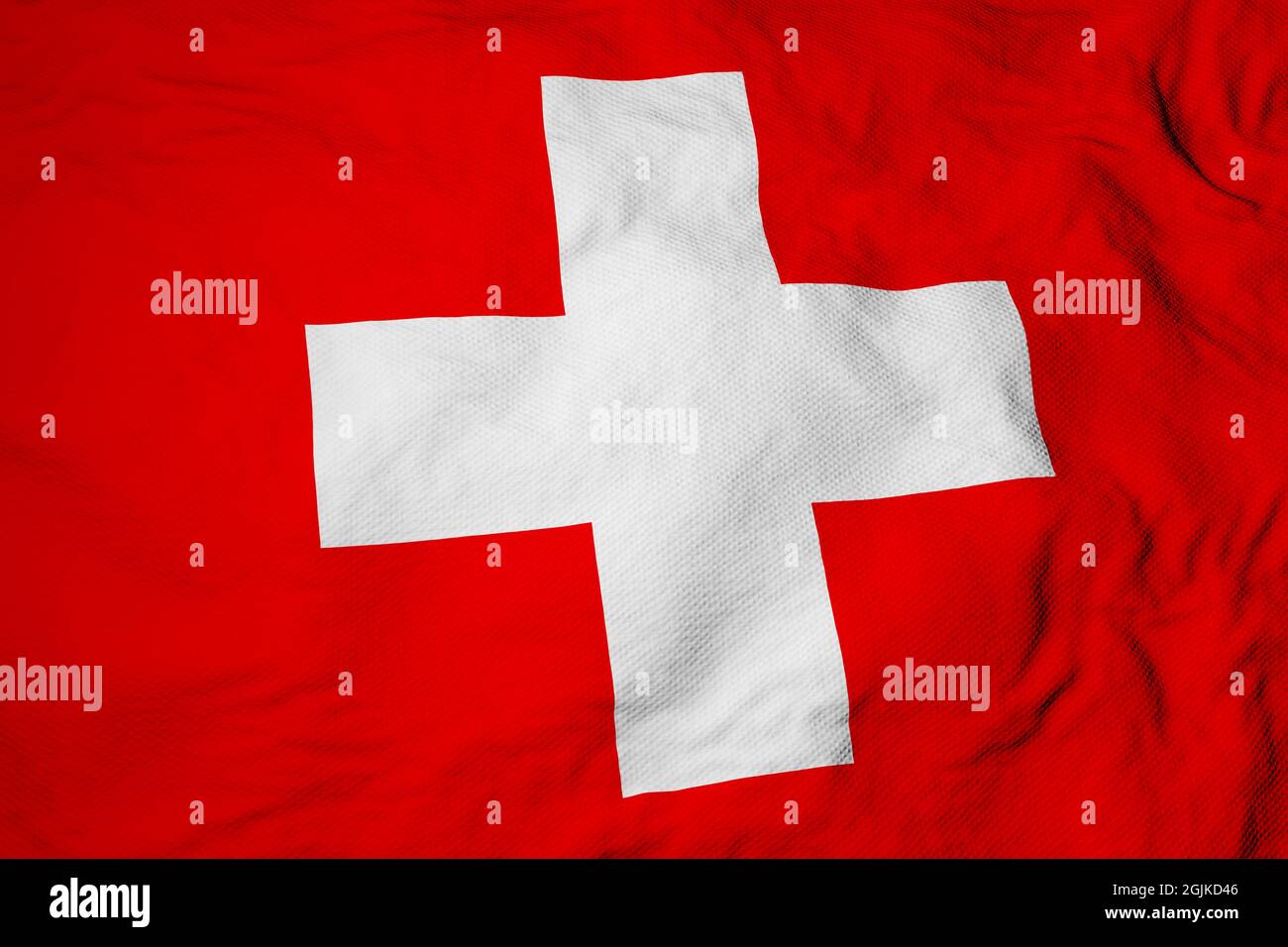 Full frame close-up on a waving Swiss flag in 3D rendering. Stock Photo