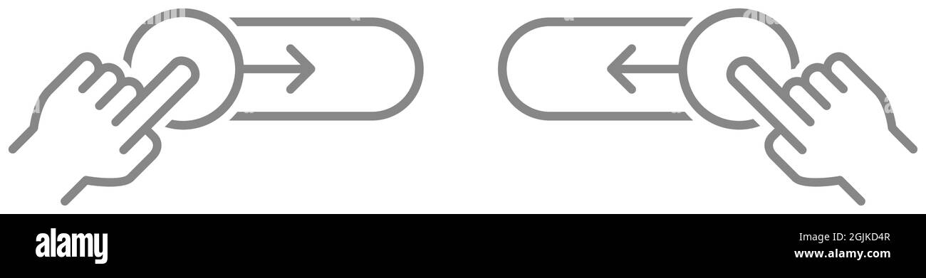 Set of left, right phone swipe gestures. On, off toggle sliders. Lock and unlock progress bar line icons. Stock Vector