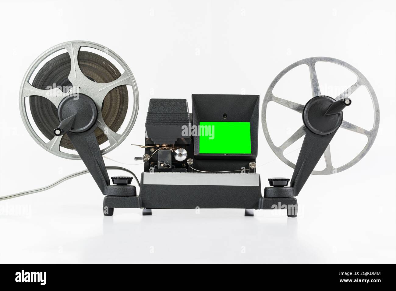 Vintage 8mm film editing machine with chroma green screen. Stock Photo