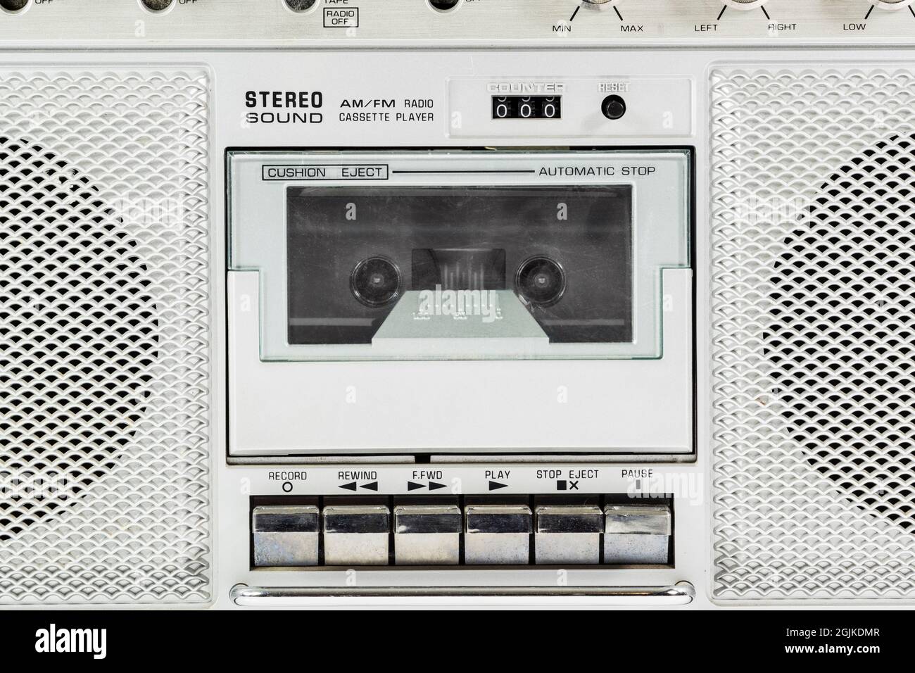 Macro detail of vintage stereo boom box cassette player. Stock Photo