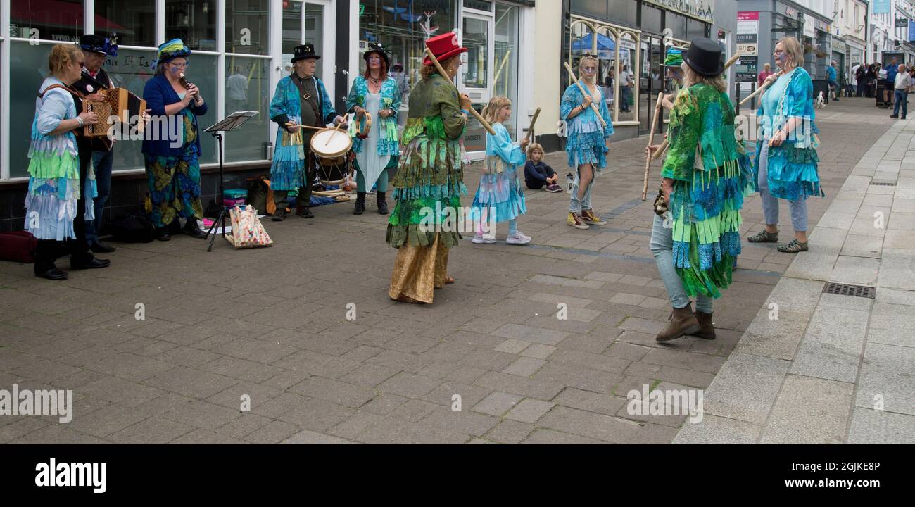30th August 2021, Wadebridge, Cornwall, England, local people take part in a folk festival held in the town. Stock Photo