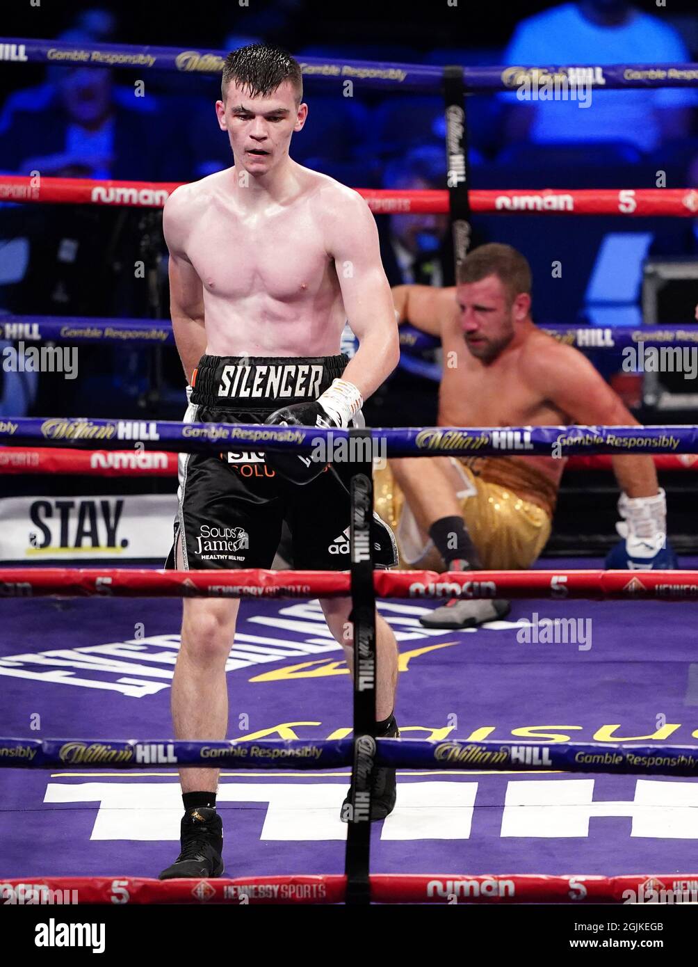 Aaron McKenna (left) knocks down Ivica Gogosevic during the boxing event at the Coventry Skydome Arena. Picture date: Friday September 10, 2021. Stock Photo