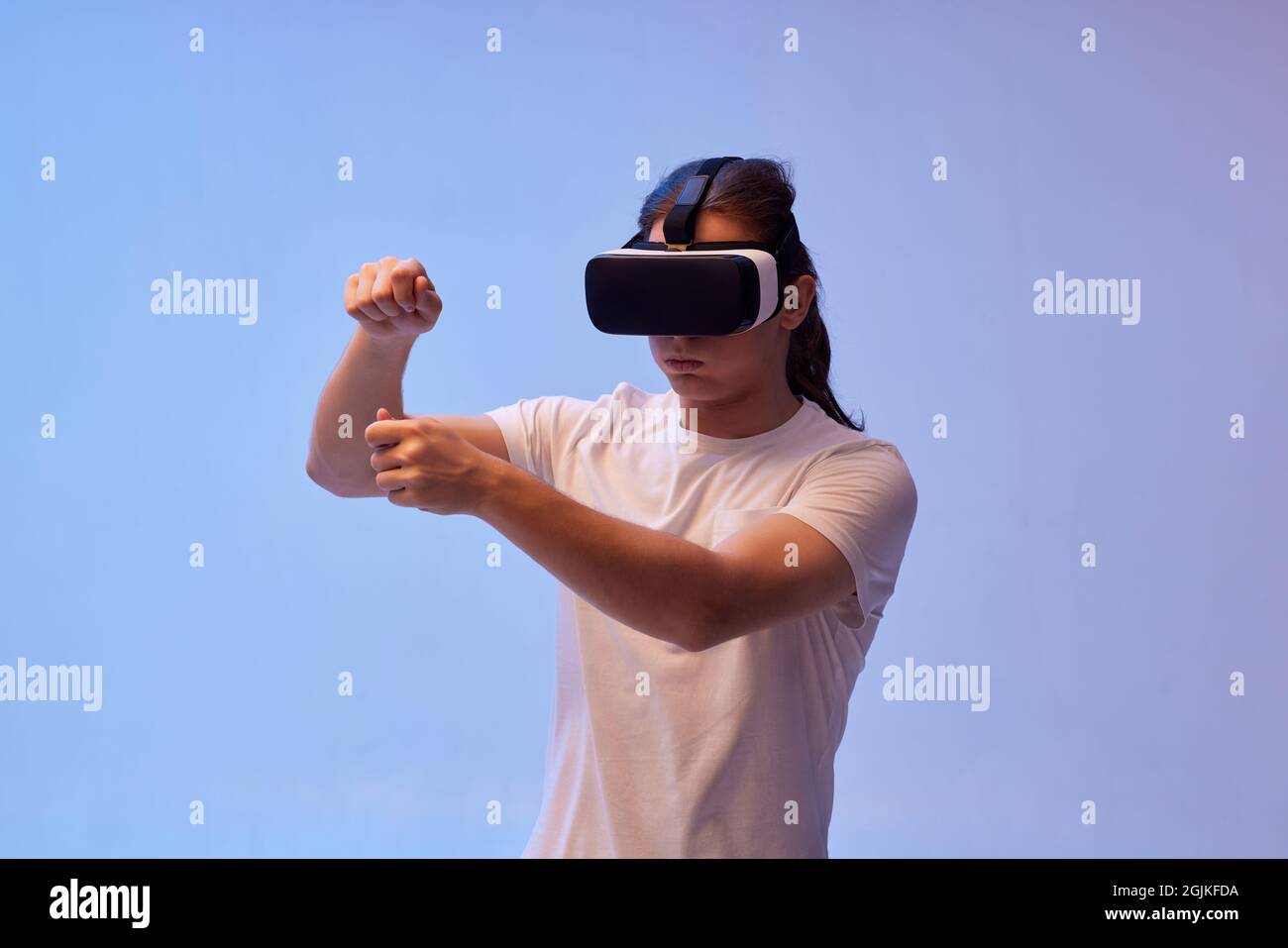 Young man using virtual reality headset. VR gadgets Stock Photo