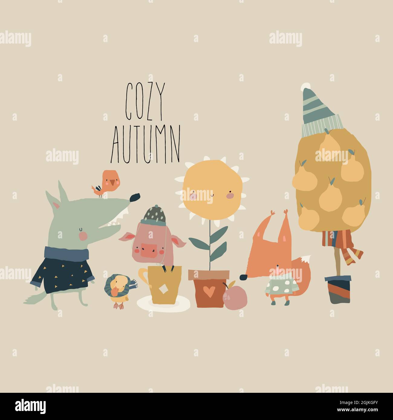 Illustration with Cute Cartoon Animals and Autumn Elements Stock Vector ...