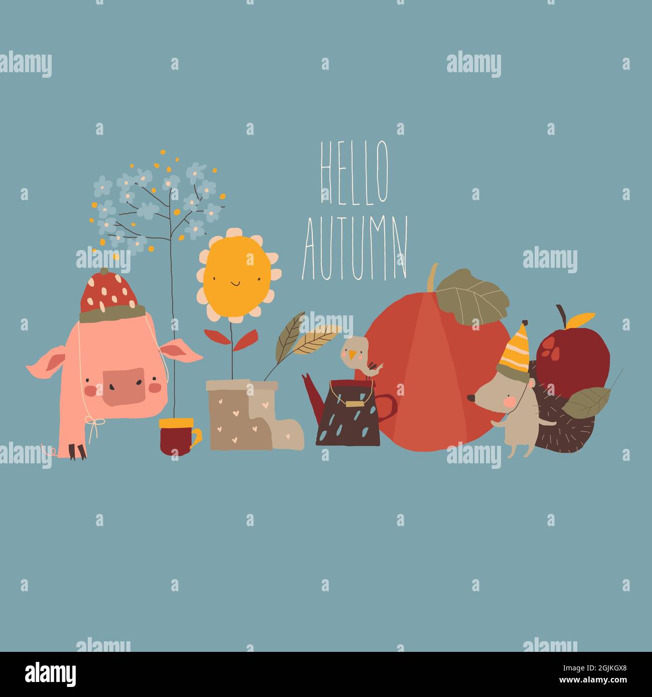 Illustration with Cute Cartoon Animals and Autumn Elements Stock Vector ...