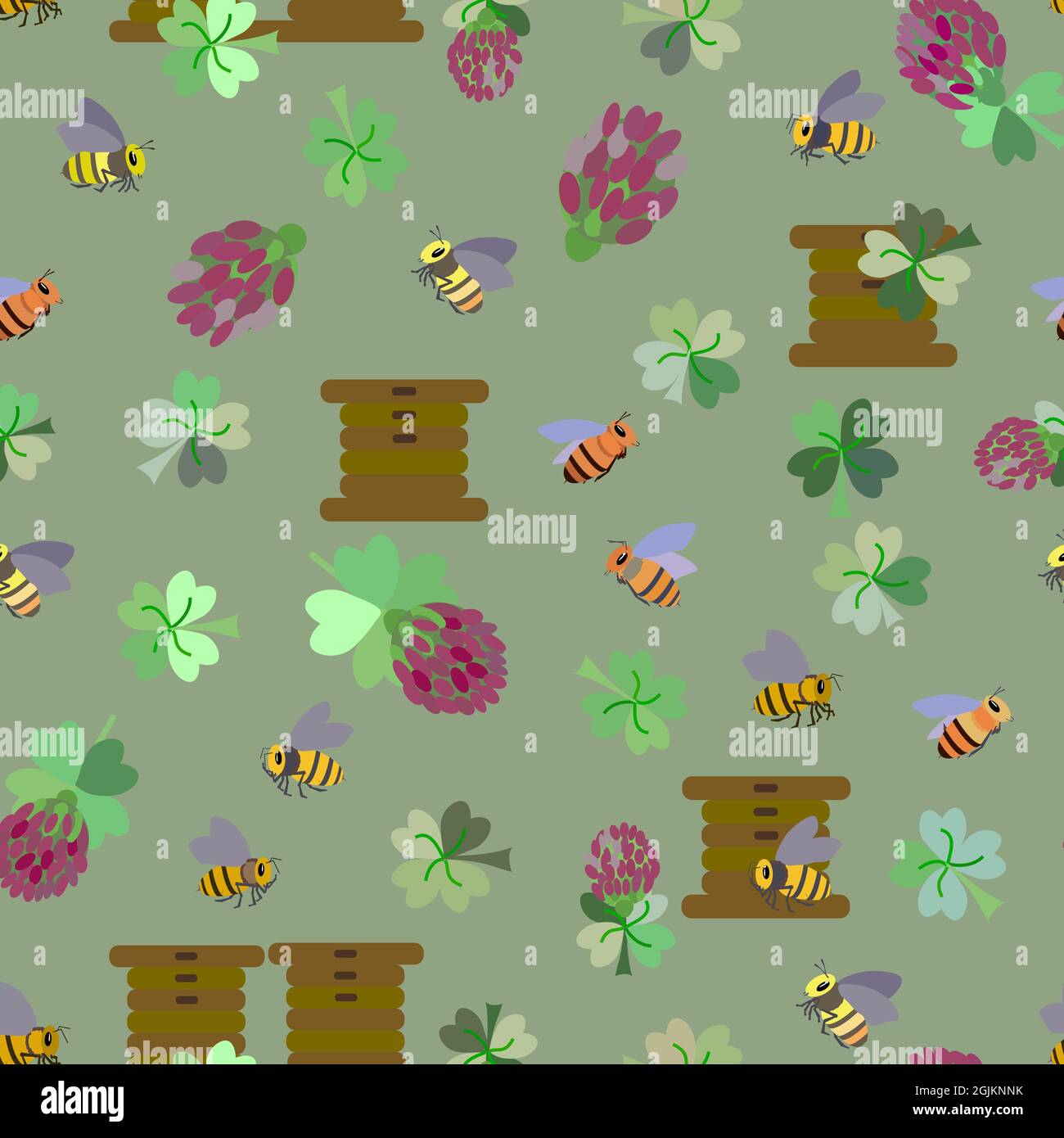 seamless vector pattern with bees, flowers and clover leaves and bee ...
