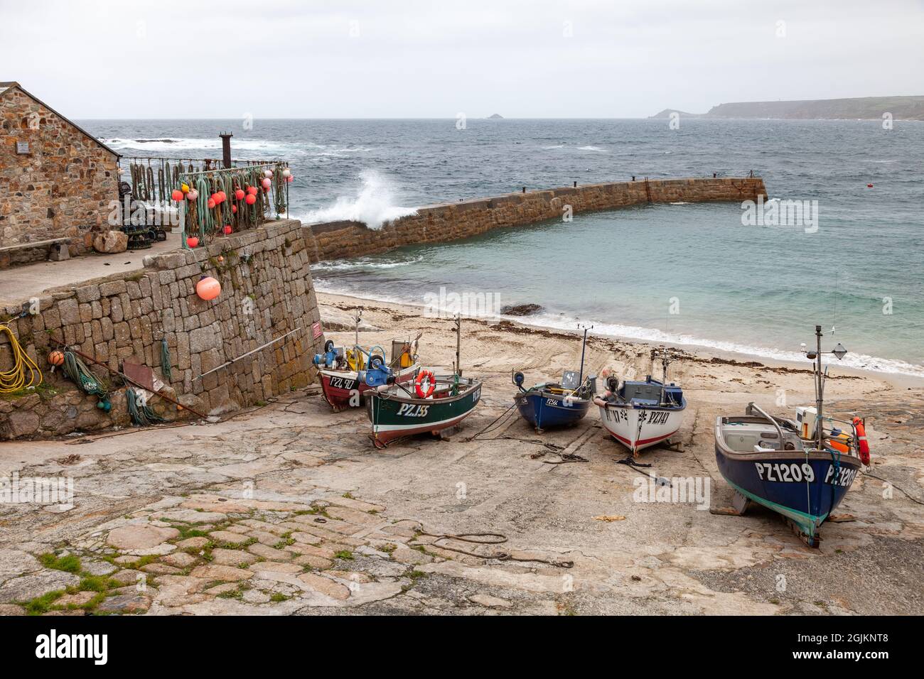 Fishing boats on slipway at Sennen Cove harbour, Cornwall UK Stock ...