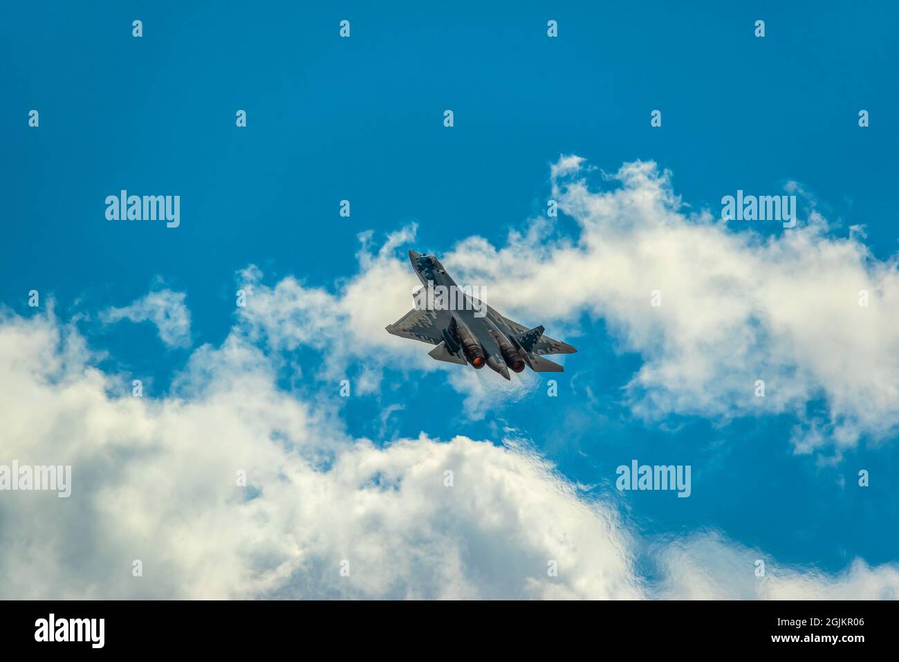 Zhukovsky, Russia - July 25, 2021: Russian five generation's fighter SU 57 shows demonstration flight at Moscow salon MAKS 2021. Stock Photo