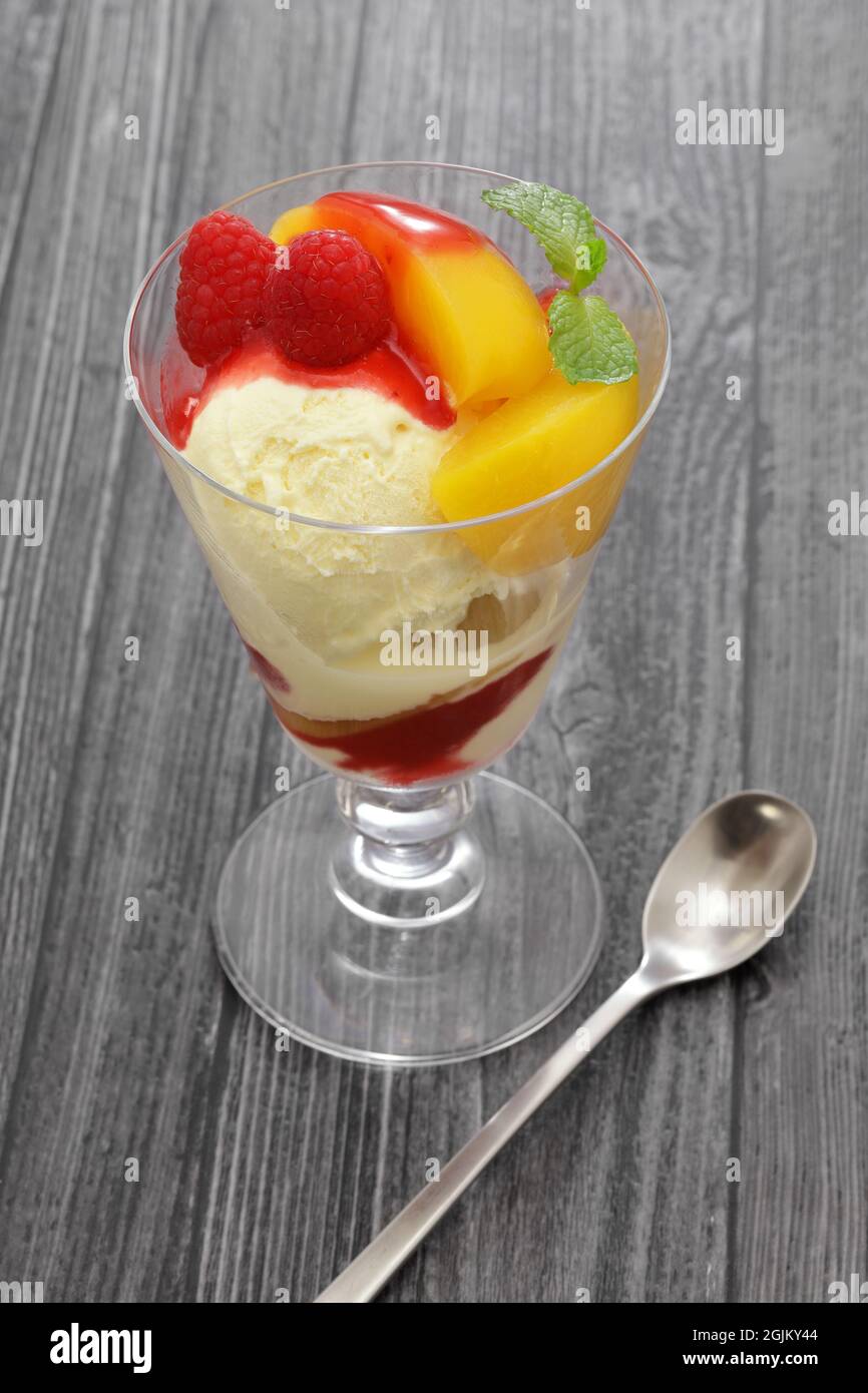 Peach Melba is a summer dessert made by Escoffier with peaches, ice