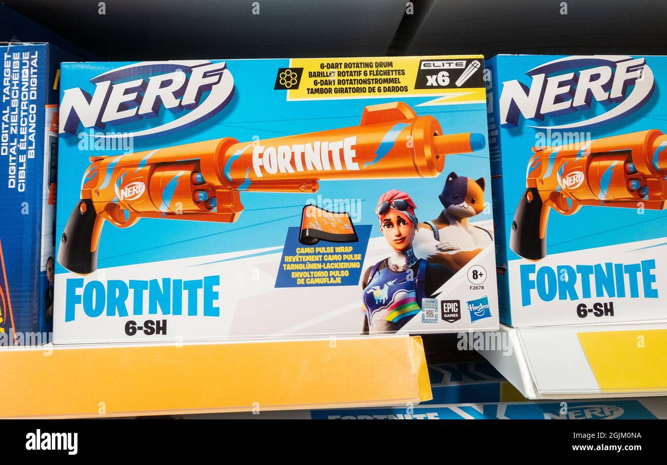 Fortnite NERF blaster guns for children in toy store. Stock Photo