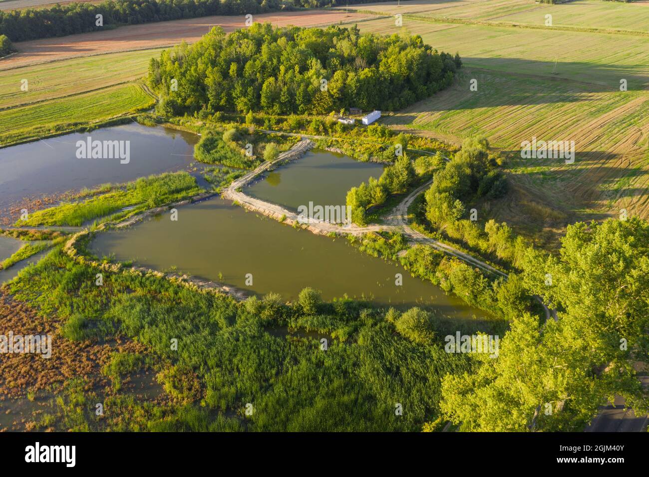 Breeding ponds in the highlands. View from the drone. Stock Photo