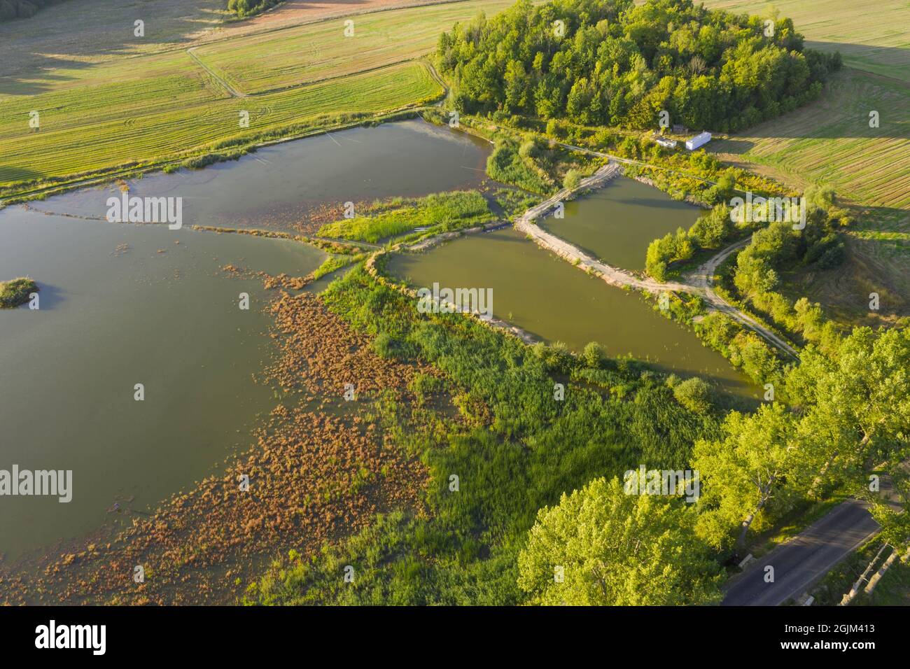Breeding ponds in the highlands. View from the drone. Stock Photo